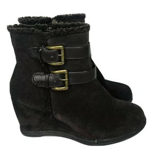 Womens Sole(sense)ability Teri Wedge Brown Leather Ankle Boots with Buckles 7